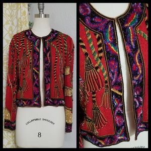 Vintage Red Silk Beaded Cocktail Party Jacket